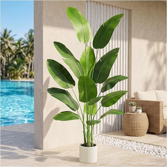 Artificial Bird of Paradise Plant: 7FT Faux Traveler's Palm Fake Banana Tree Elephant Ear Leaf Tall Silk Floor Plant in White Pot for Home Decor Indoor Office Entryway Balcony Patio Cafe Hotel