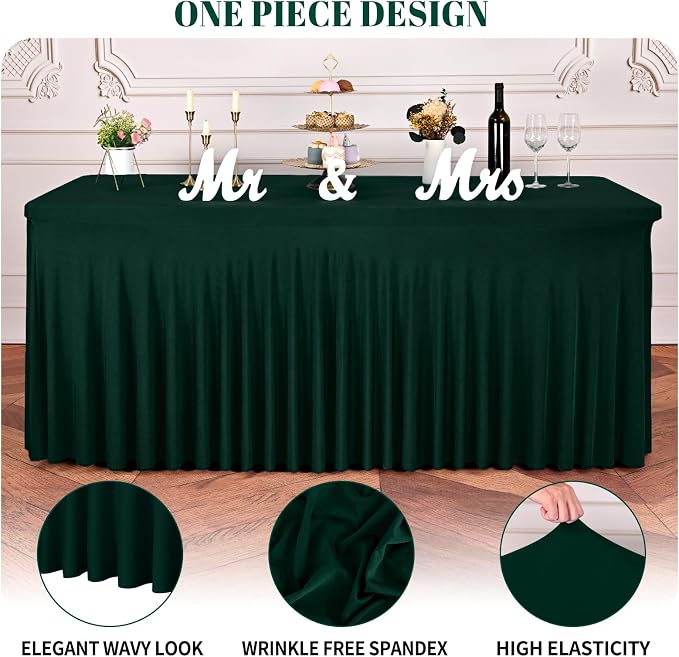 fani 6 Packs Emerald Green Stretch Table Skirts for 6 Foot Rectangle Table, Washable Spandex Stretch Tablecloths with Skirt, Wrinkle Resistant Fitted Tablecover for Wedding Party Banquet