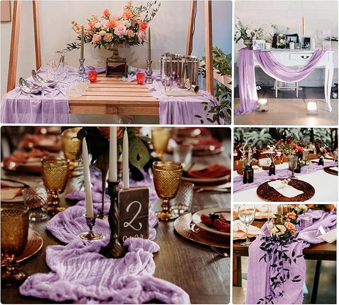 16 Pack Purple Lavender Cheesecloth Table Runner 35x120 Inch Boho Rustic Gauze Table Runners, 10Ft Long Sheer Purple Lavender Cheese Cloth Table Runners for Wedding Bridal Shower Party Table Decor