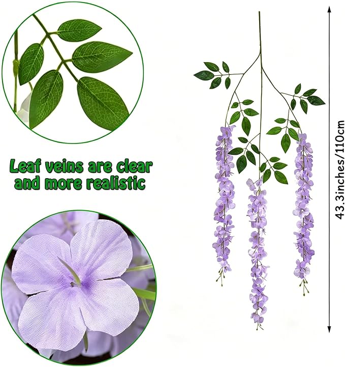 Artificial Wisteria Hanging Flowers Fake Wisteria Flower Garland Silk Vines Rattan Decor for Home Wedding Arch Wall Garden Greenery Bedroom Outdoor Office Party Decoration (24, Light Purple)