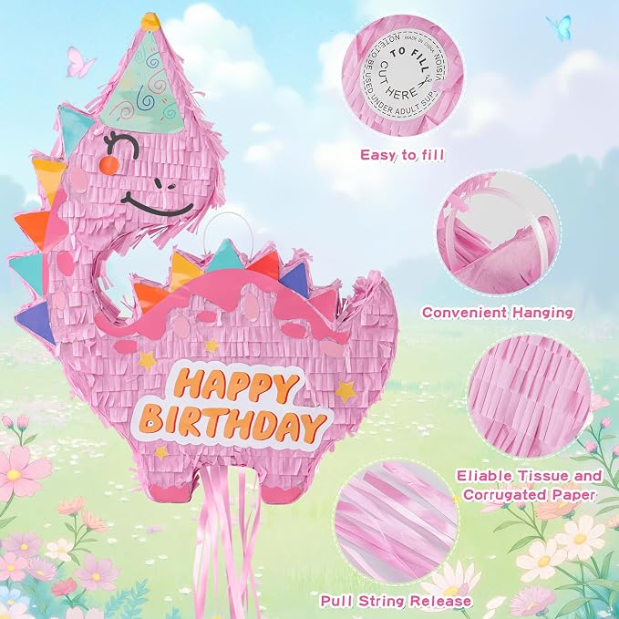 VinTS Pink Dinosaur Piñata Kids Dino Piñata with Blindfold Bat for Dinosaur Themed Party Game Girls Birthday Party School Activitives Dinosaur Birthday Decor(16.5x13x3.15in)