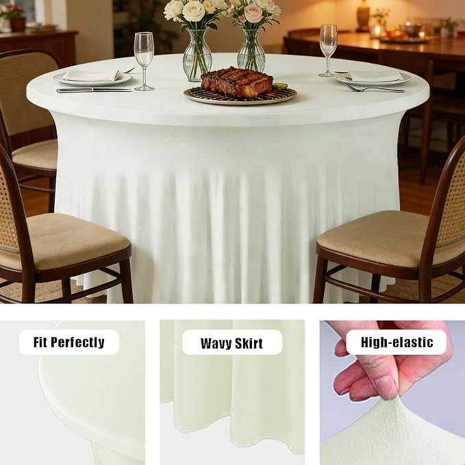 10 Pack Ivory Green Spandex Round Tablecloths for 60inch Tables, 120 Inch Stretchy 5ft Round Fitted Tablecloth Wrinkle Free Washable Table Cloths Covers with Skirt for Wedding Party Birthday Banquet