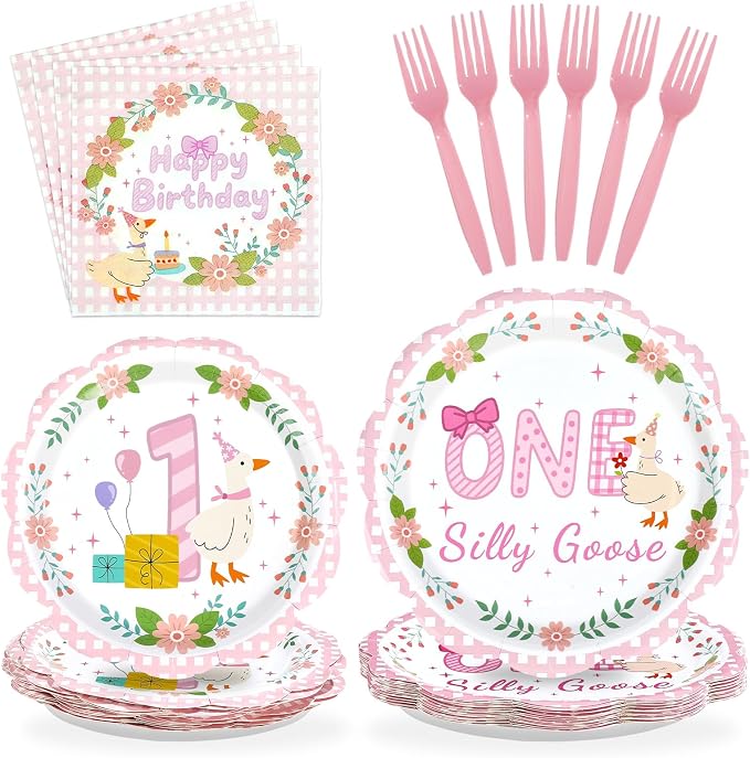 96Pcs One Silly Goose Birthday Party Decorations Goose 1st Birthday Paper Plates and Napkins Sets Pink Bow Cute Wreath Geese Decorations for Baby Girls One Year Old Bday Party Supplies Serves 24