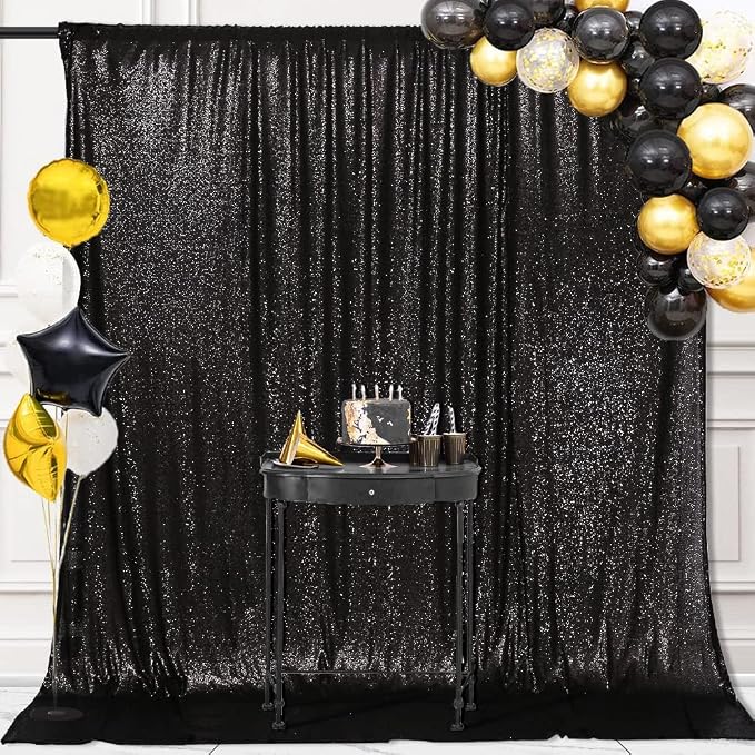 PartyDelight Black Sequin Backdrop Curtains 6x8ft | 3mm stitched sequin curtain with 4 inch rod pocket for 6x8ft photo booth wall ceremony backdrop party wall and stage display