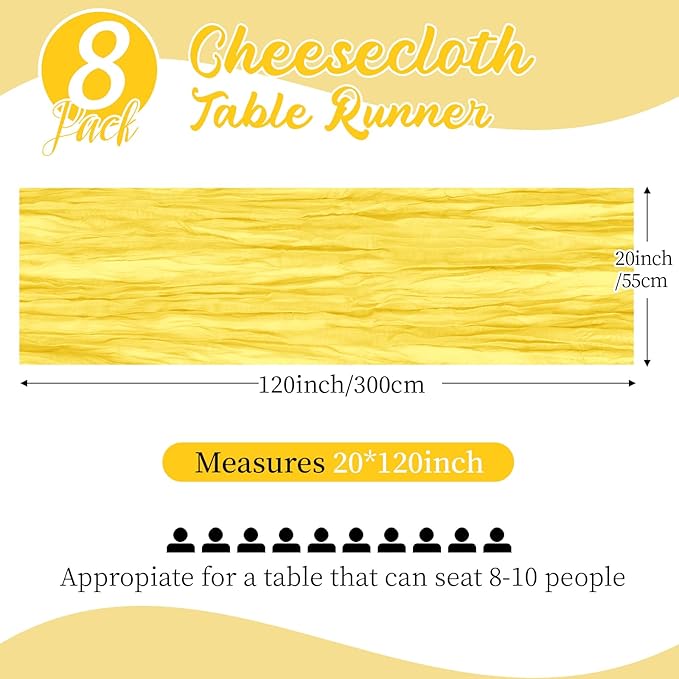 8 Pack Lemon Yellow Cheesecloth Table Runners 20x120 Inch Gauze Table Runner 10FT Easter Cheese Cloth Table Runner Rustic Sheer Runner for Wedding Baby Shower Birthday Party Table Decor