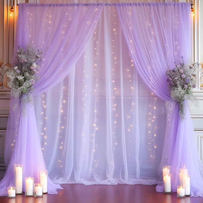 10x8ft Purple Tulle Backdrop Curtain with Lights String for Parites, Sheer Photo Backdrop Curtains with Lights for Wedding Backdrop Ceremony Reception Bridal Shower Baby Shower Birthday Party