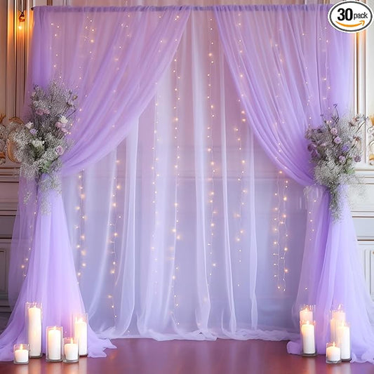 30x8ft Purple Tulle Backdrop Curtain with Lights String for Parites, Sheer Photo Backdrop Curtains with Lights for Wedding Backdrop Ceremony Reception Bridal Shower Baby Shower Birthday Party