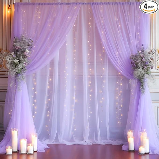 20x10ft Purple Tulle Backdrop Curtain with Lights String for Parites, Sheer Photo Backdrop Curtains with Lights for Wedding Backdrop Ceremony Reception Bridal Shower Baby Shower Birthday Party
