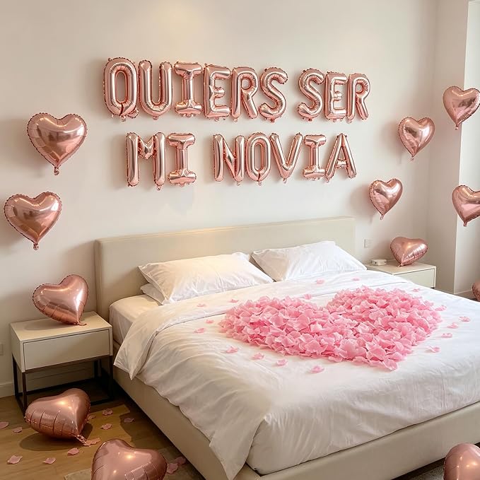 QUIERES SER MI NOVIA - 1200pcs Rose Gold Artificial Roses, 16" Letter Balloons, 18" Heart Balloons - Valentines Day Decorations