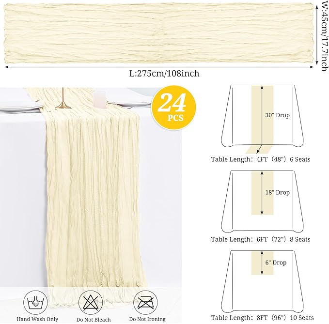 24 Pack Ivory Cheesecloth Table Runner,9FT Burgundy Runner,17x108inch Rustic Boho Gauze Table Runner for Wedding Party Bridal Shower Thanksgiving Christmas Boho Table Decoration