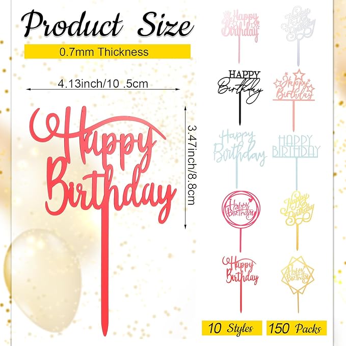 150 Pcs Happy Birthday Cake Toppers Acrylic Cake Topper Glitter Birthday Cake Decorations Double Sided for Adults Various Cake Decoration Party Supplies(Multicolor,Lovely)