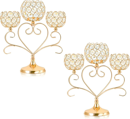 2 Pcs 3-Arm Heart Tea Light Candle Holder - Crystal & Metal Wedding Centerpiece Decor, Sparkling Table Decor for Anniversaries/Romantic Tabletop Home/Dinner Party/Events (2, Gold)