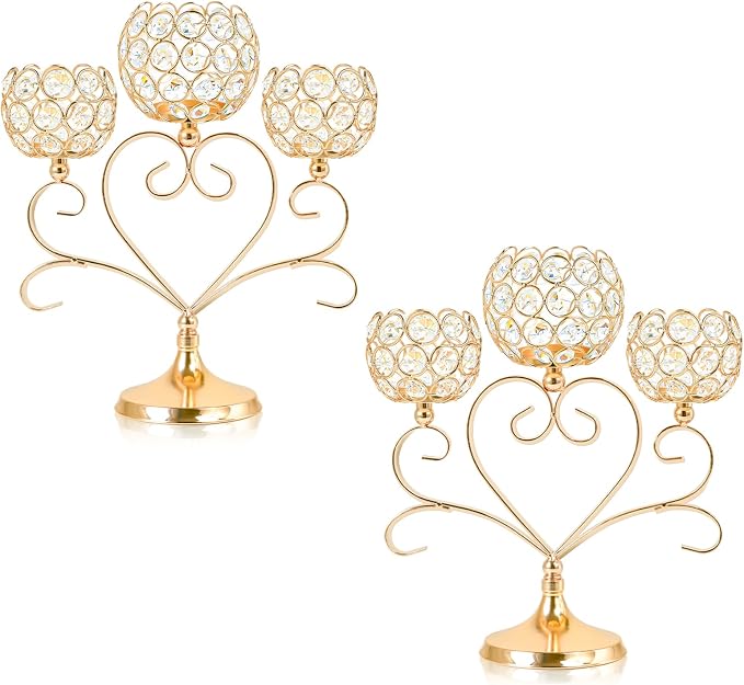 2 Pcs 3-Arm Heart Tea Light Candle Holder - Crystal & Metal Wedding Centerpiece Decor, Sparkling Table Decor for Anniversaries/Romantic Tabletop Home/Dinner Party/Events (2, Gold)