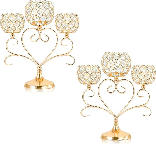 2 Pcs 3-Arm Heart Tea Light Candle Holder - Crystal & Metal Wedding Centerpiece Decor, Sparkling Table Decor for Anniversaries/Romantic Tabletop Home/Dinner Party/Events (2, Gold)