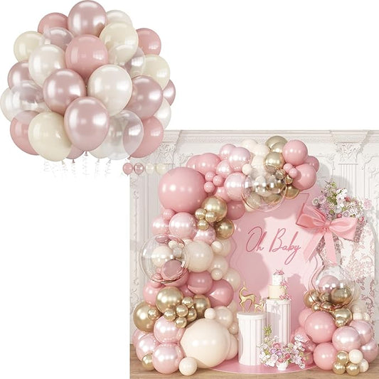 Dusty Pink Balloon Bundle, Double Stuffed Blush Pink Balloons and Pink White Gold Balloon Arch Kit, Pearl Pink and Clear Balloons for Baby Shower, Bridal Shower and Party Decorations