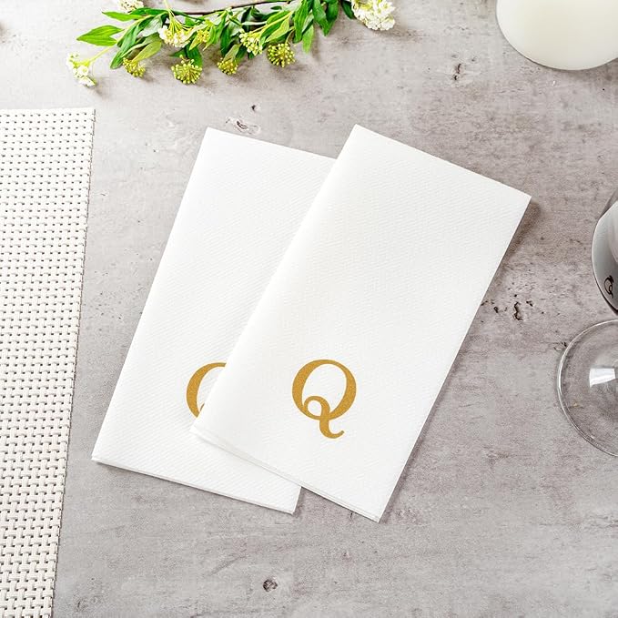 Luxenap 15.8 X 7.9 Inch Linen-Feel Guest Towels, 2000 Lettered Hand Towels - Gold Letter 'Q', Sans Serif Font, White Paper Dinner Napkins, airlaid, For Restrooms And Tables