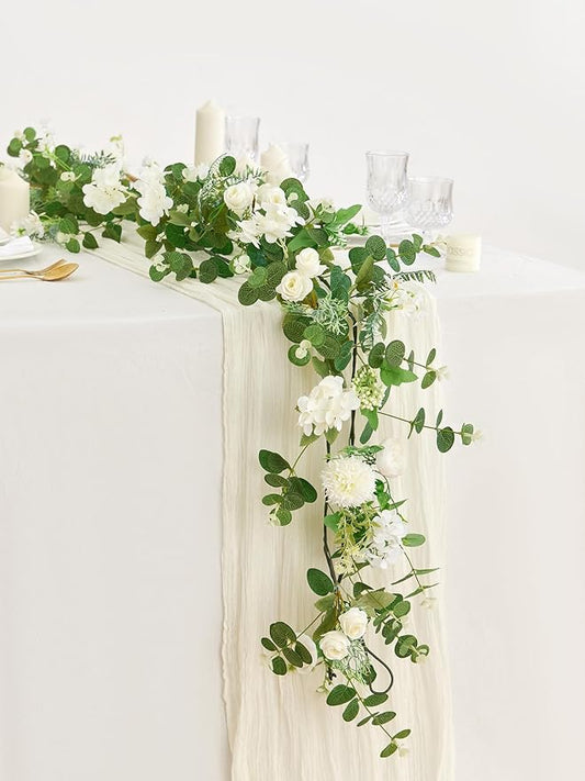 MISSPIN 5.9Ft Eucalyptus Garland with Flowers, Artificial Fake Flower Greenery Spring Garland for Baby Shower Wedding Mantle Table Centerpiece Spring Decor
