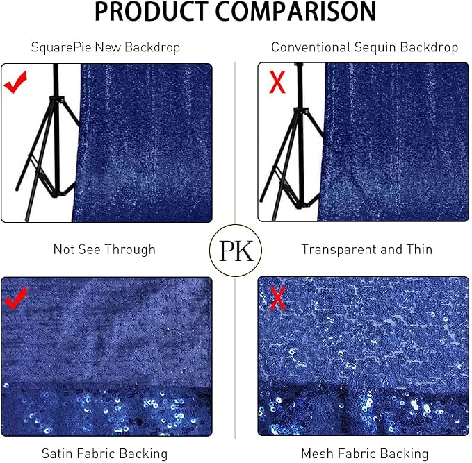 SquarePie 4x7ft Navy Blue Sequin Backdrop for Photography, Satin-Backed Real Sequin Curtain, Enhanced Coverage Shimmering Background with 4" Rod Pocket for Wedding, Birthday, Party Decor, 1 Panel