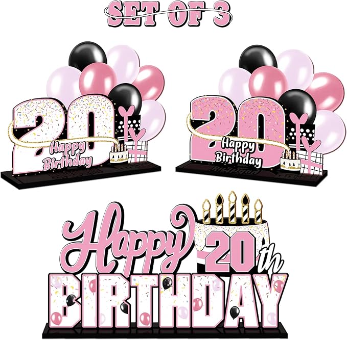 LINGTEER Happy 20th Birthday Pink Acrylic Table Topper Centerpieces Set - Cheers to 20 Years Old Birthday Twenty Bday Party Gift Decorations.