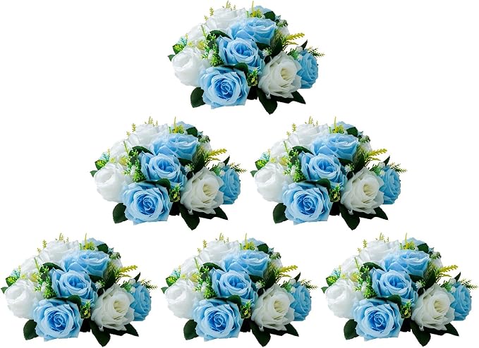 Artificial Flower Centerpieces for Tables: 6pcs of Rose Flower Balls, Flower Kissing Balls, Fake 15-head Plastic Flower Roses with Base for Birthday Party Christmas Home Wedding Decor (Blue White)
