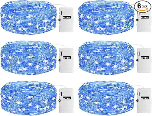 6 Pack Fairy Lights with Timer Battery Operated, 3 Modes 7ft Mini Twinkle Lights Waterproof, 20 LED Bulk String Light for Mason Jars Christmas Decoration Wedding Table Centerpieces,Blue