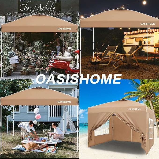 OASISHOME Pop-up Gazebo Instant Portable Canopy Tent 10'x10', with 4 Sidewalls, Windows, Wheeled Bag, for Patio/Outdoor/Wedding Parties and Events (10FTx10FT, Khaki)
