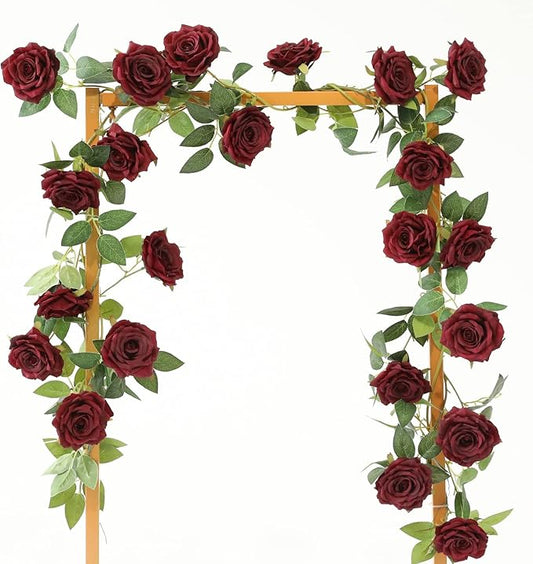dallisten 2 Strands 73'' Artificial Silk Rose Flower Vines Garland, Fake Roses Floral Green Leaves Hanging Plant for Wedding Arrangement Decoration, Wall, Party, Bedroom, Home Decor (Burgundy)