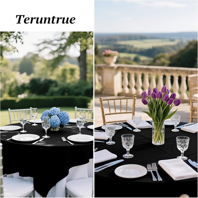 Teruntrue 12 Packs Black Round Tablecloths 90 inch Round Table Cloth, Washable Polyester Fabric for Wedding Parties Banquet Holiday Dinner Table Decorative, Black