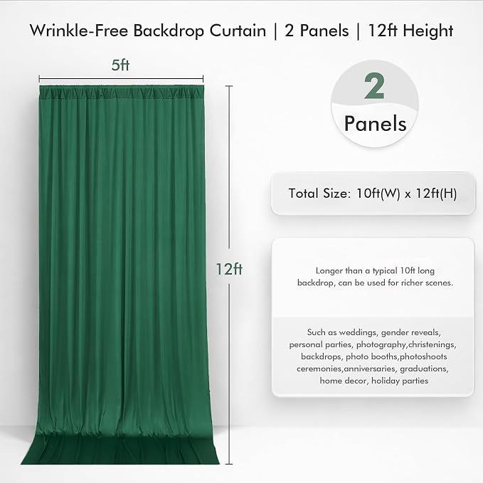 10ftx12ft Wrinkle Free Hunter Green Backdrop Curtain, 2 Panels 12FT Height Wedding Backdrop Drapes, Silky Polyester Back Drop Cloth for Birthday Photography Background Party Backdrop Draping