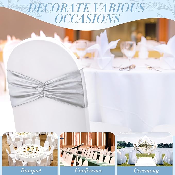 Hahafelt 50 pcs Chair Sashes Shiny Bow Spandex Bands for Dining Chair Slipcover Wedding Banquet Parties Reception Restaurant Decoration, Silver