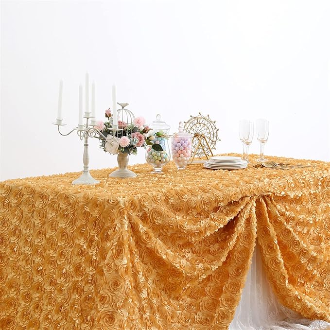 B-COOL Gold Tablecloth Rosette 90x132 Inch 3D Floral Wedding Table Fabric Rectangle Rose Satin Table Overlay for Birthday Wedding Anniversary Party Holiday Decorations