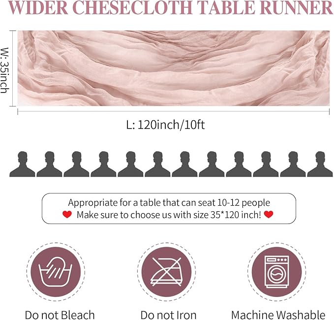 12 Pack Dusty Pink Cheesecloth Table Runner 35x120 Inches Spring Summer Boho 10FT Sheer Pink Cheese Cloth Table Runner for Wedding Baby Shower Tea Party Boho Home Decorations