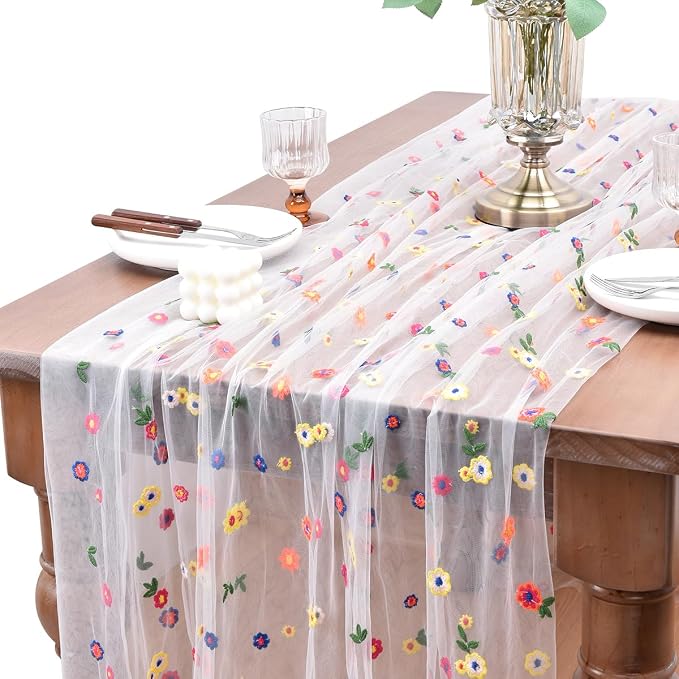 Joanlody 3pcs Ivory Summer Flower Table Runner 10ft Embroidery Daisy Floral Seasonal Tulle Table Runner for Home Garden Tea Party Holiday Birthday Decoration