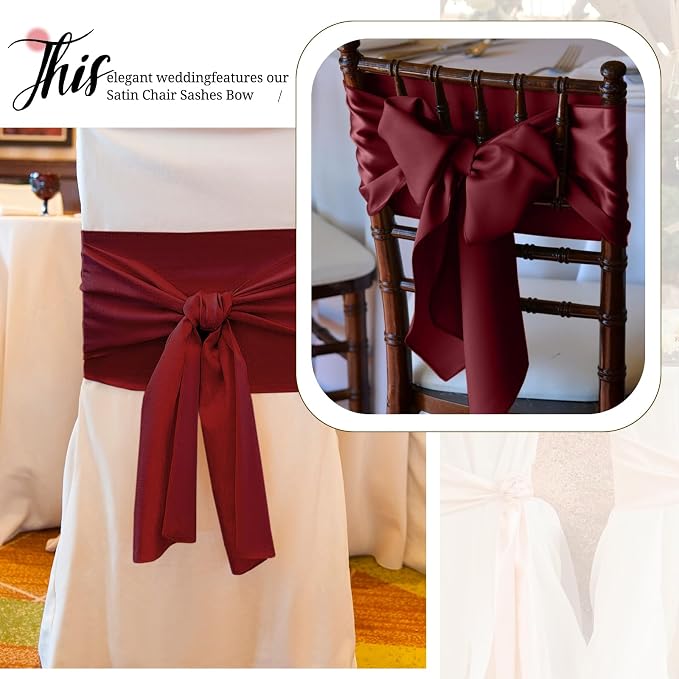Pesonlook 60 PCS Burgundy Satin Chair Sashes Bows Satin Sashes Universal Chair Cover for Wedding Reception Restaurant Event Decoration Banquet,Party,Hotel Event Decorations (7 x 108 inch)