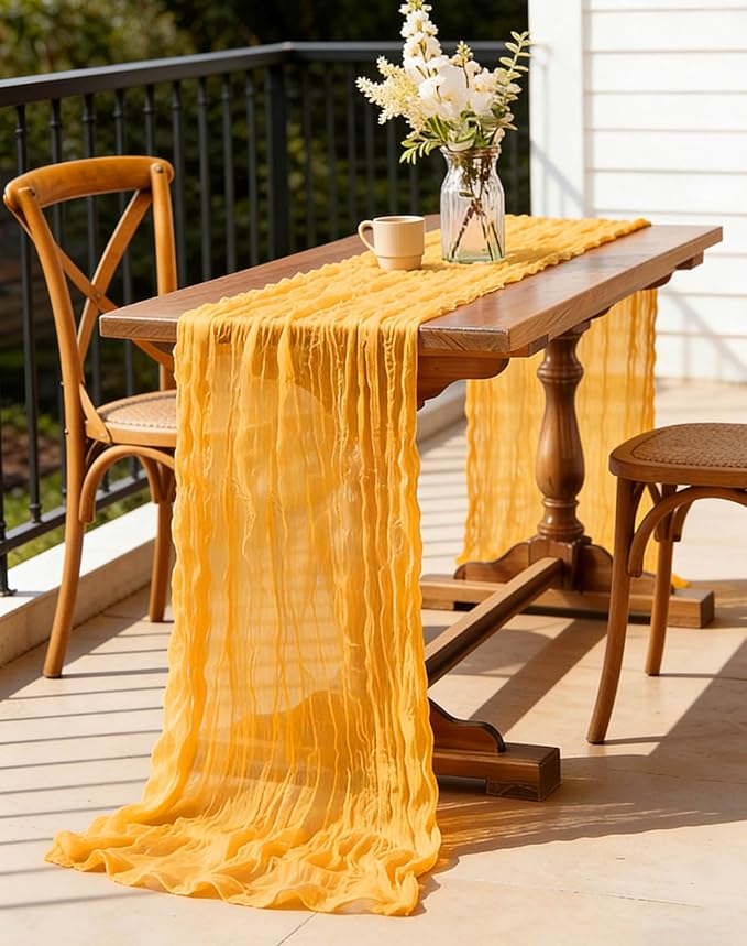 Gold Cheesecloth Table Runner 21x120 Inch Gauze Table Runners Reusable Polyester 10ft Boho Rustic Cheese Cloth Table Runner for Wedding Party Baby Shower Birthday