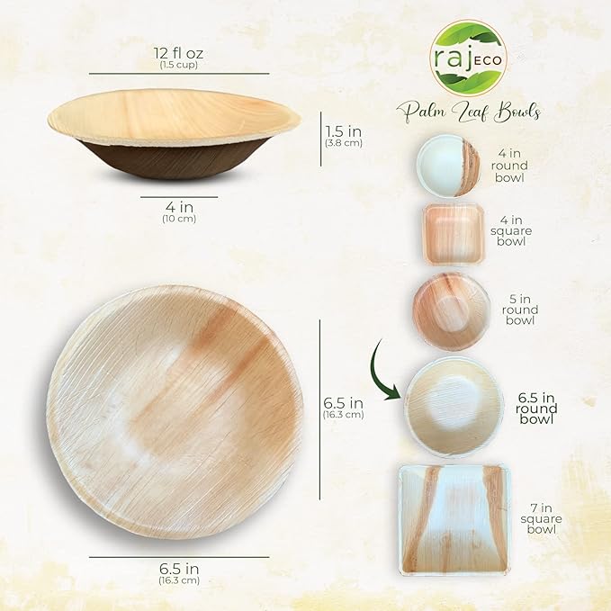 Raj Disposable Palm Leaf Bowls (50 Count, 6.5" Bowl) Strong Bowls Like Bamboo Party Bowl - Decorative Compostable Tableware for Lunch, Dinner, Birthday, Outdoor, BBQ, Picnic, Parties