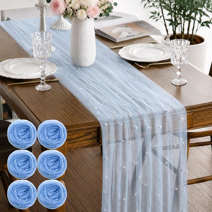 Pearl Blue Gauze Pearl Table Runner 120 Inch 10FT, Seasonal Sheer Dining Holiday Wedding Birthday Baby Shower Tulle Summer Table Decor for Home Party