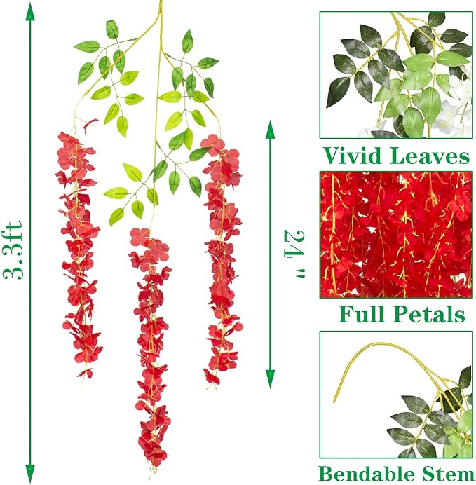 AITISOR 24 Pack Artificial Fake Wisteria Vine Ratta (3.75 Feet) Hanging Garland Silk Flowers String Home Party Wedding Decor (Red)