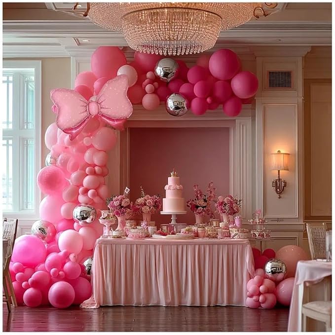 Pink Balloon Arch Kit Double Stuffed Peach Pink Bow Balloon Garland Foil Silver Balloons For Happy Birthday Baby Shower Bridal Shower Wedding Girls Women Theme Tea Party Decor