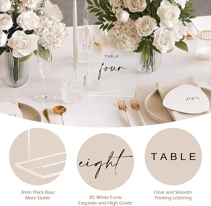 Clear Wedding Table Numbers 1-10 with Stands, 5x7 Inch Clear Arched Table Sign with Raised Black Numbers, Acrylic Arch Table Numbers for Wedding Reception, Party, Banquet and Event