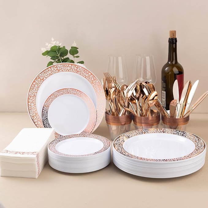 Bestluck 700PCS Rose Gold Plastic Dinnerware Set for 100 Guests, Disposable Plates for Party, Wedding, Include 100 Rose Dinner Plates, 100 Dessert Plates, 100 Set Silverware, 100 Cups, 100 Napkins
