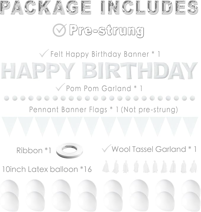White Themed Birthday Decoration Set, White Pre-Strung 3D Felt Happy Birthday Banners, Pom-Pom Garland, Party Pennant Felt Banner Flags, Tassel Garland, Balloons, Reusable Party Decor,Photo Prop