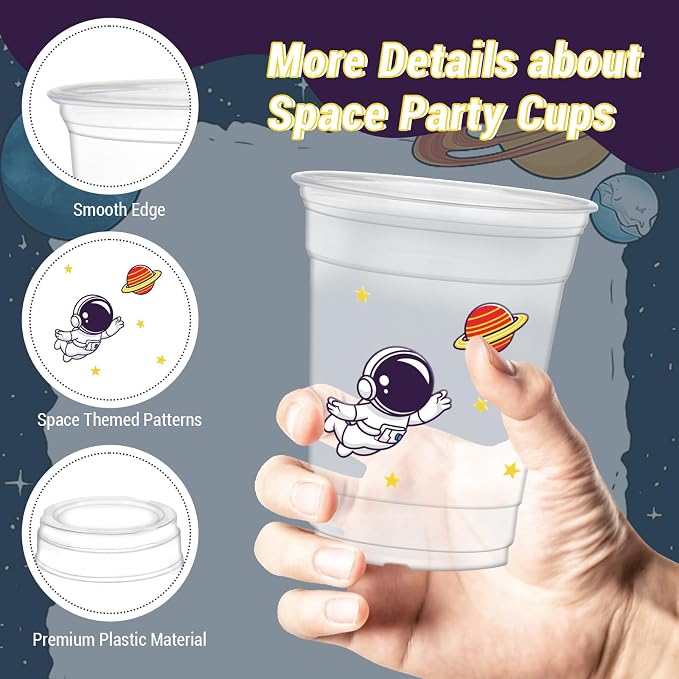 50Pcs Space Party Cups, 12 oz Space Clear Plastic Cups for Outer Spacer Party Decorations Birthday Baby Shower Supplies Favors