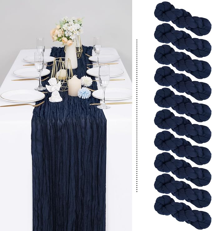 Showgeous 10 Pack Navy Blue Cheesecloth Table Runner Gauze Table Runner 10FT Long Semi-Sheer Table Runner Boho or Rustic Wedding Table Decor for Wedding Decor Arch Draping Bridal Shower Holiday Party