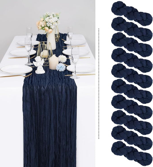 Showgeous 10 Pack Navy Blue Cheesecloth Table Runner Gauze Table Runner 10FT Long Semi-Sheer Table Runner Boho or Rustic Wedding Table Decor for Wedding Decor Arch Draping Bridal Shower Holiday Party