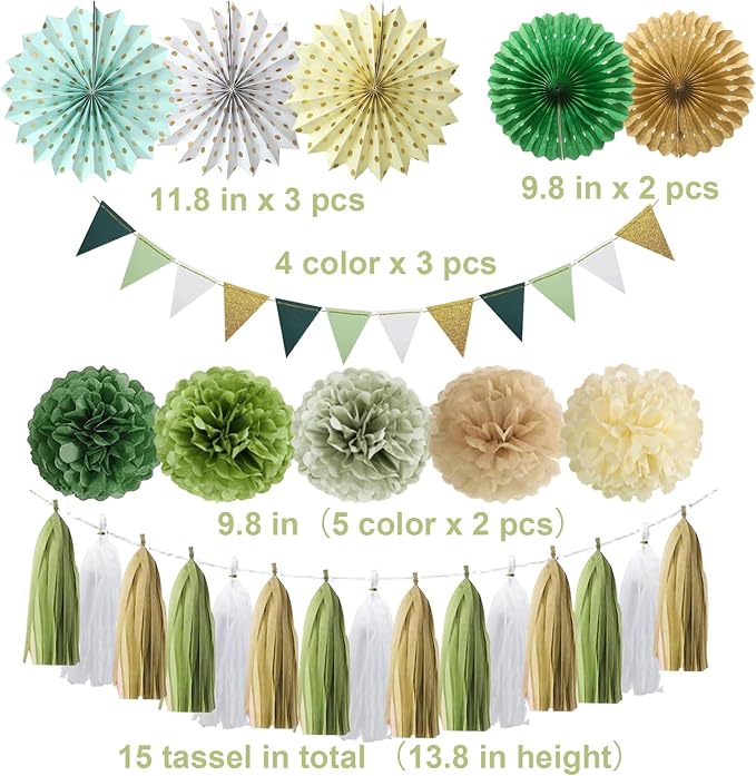 Sage Green Party Decorations Retro Green Paper Fan Birthday Baby Shower Tissue Pom Poms Streamers Bachelorette Party Supplies Tassel Garland Banner Wedding Decor