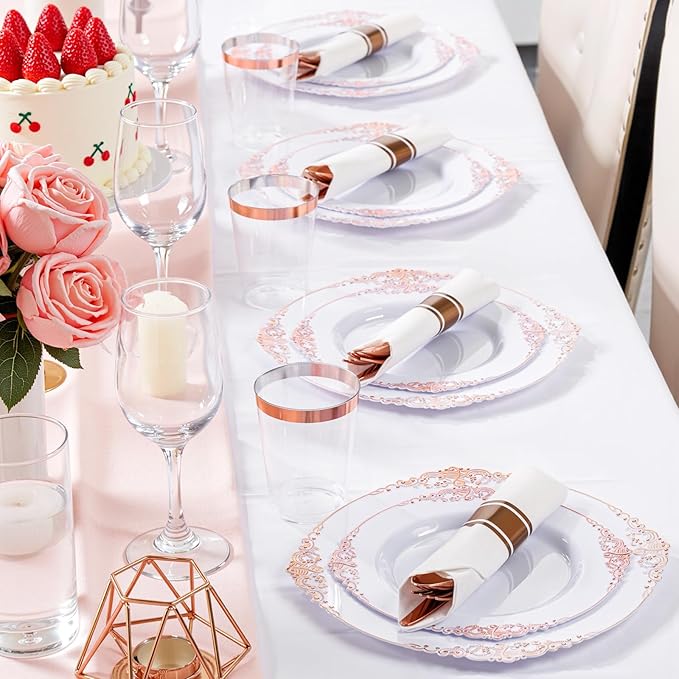 Nervure 700PCS Rose Gold Plastic Plates - Rose Gold Plastic Dinnerware Sets for 100 Guests - 200 White Disposable Plates, 300 Silverware, 100 Cups, 100 Napkins for Wedding & Party & Mothers Day