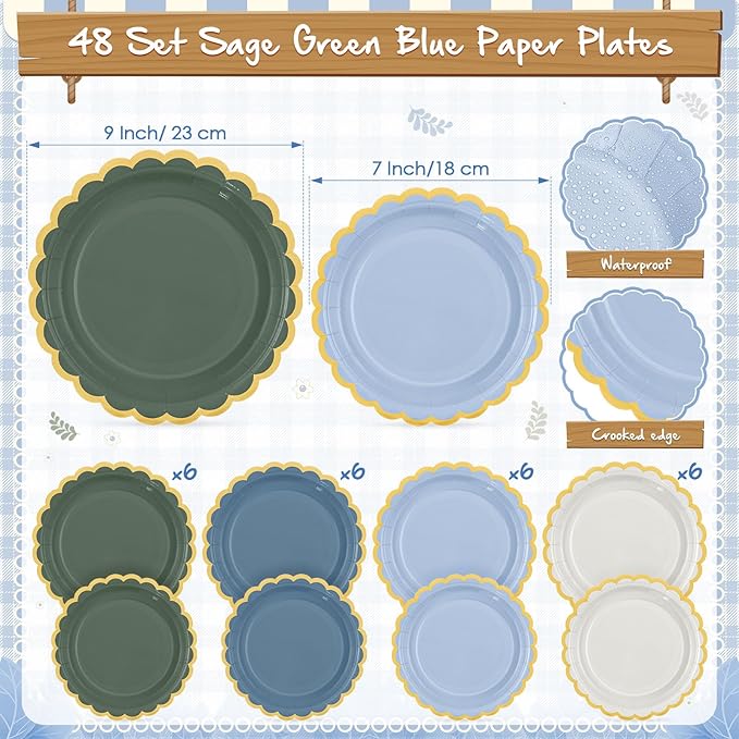 Mimorou 342 Pcs Dusty Blue Green Party Supplies for 48 Guests, Forest Green and Dusty Blue Scalloped Paper Plates Napkins Cups Gold Cutlery Tablecloth Banner Set for Birthday Baby Shower Wedding
