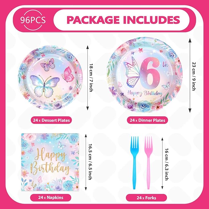 Greencian 96Pcs Butterfly 6th Birthday Party Decorations Butterflies Theme Disposable Sets for Girl Colorful Butterfly Plates, Napkins and Forks, 8 Years Old Birthday Party Supplies Serves 24