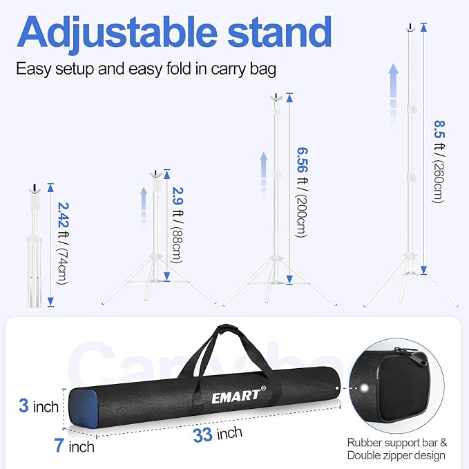 EMART Backdrop Stand 10x8.5ft(WxH) Photo Studio Adjustable Background Stand Support with 2 Crossbars, 6x6Inch Clamps, 8 Black Clamps 2 Sandbags and Carry Bag for Parties Wedding, Photography -White